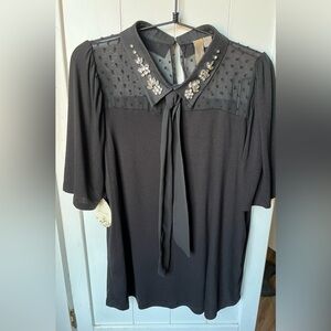 Misia Black Rhinestone RibbonTie Collar Top NWT